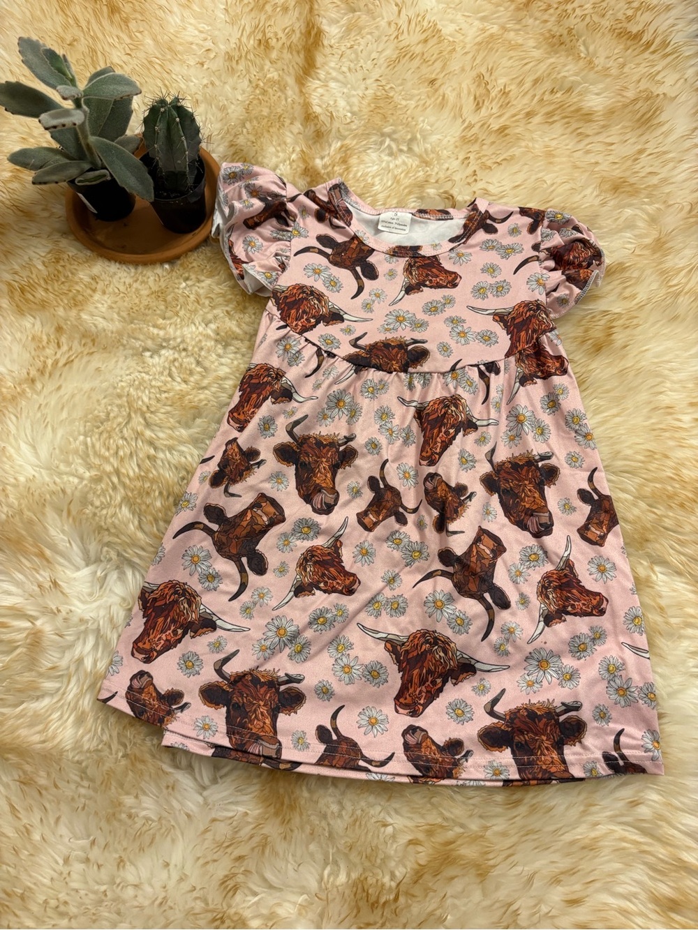 2T Pink Floral & Cow Print Puff Sleeve Kids Dress Cowgirl ranch farm